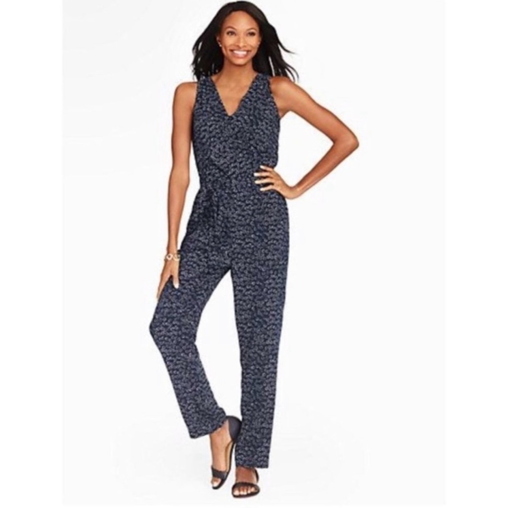 Talbots Faux Wrap Navy Circle Pattern Sleeveless Jumpsuit Size 12